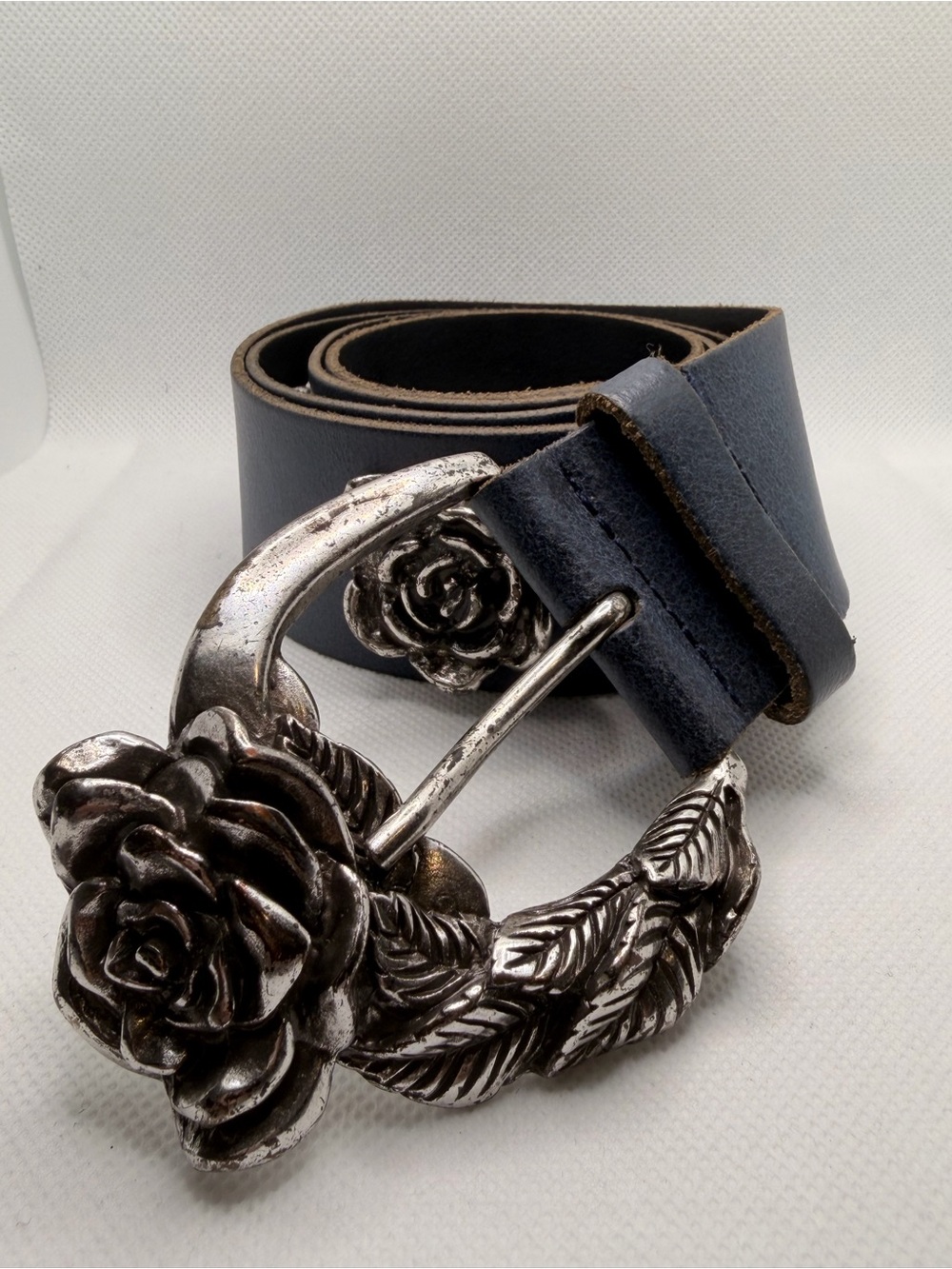Antoniazzi Firenze Italian Navy Blue Leather Rose Buckle & Studded Belt Large